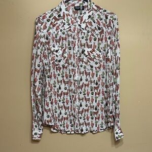 Cruel Girl Western Long Sleeve Pearl Snap Shirt with Llama and Cactus Design XL